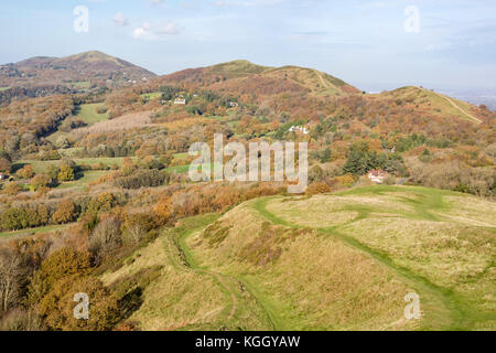 Autunno su Malvern Hills guardando a nord dalla British Camp, Herefordshire, England Regno Unito Foto Stock