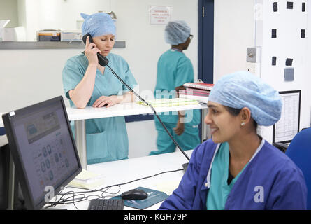 Infermiere parlando al telefono in un affollato ospedale nel Regno Unito. Foto Stock