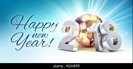 Saluti e 2018 anno nuovo tipo composta con un Golden Planet Earth, su un lucido sfondo blu - 3d illustrazione Foto Stock