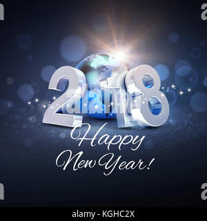 2018 Anno nuovo tipo composta con un blu del pianeta Terra e saluti, su una scintillante sfondo nero - 3d illustrazione Foto Stock