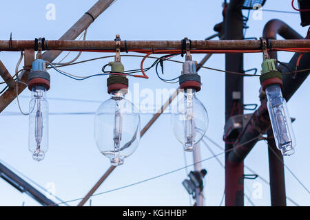 Vecchie lampadine pendenti da un polo, che si trova sulla Great Ocean Road, Victoria Foto Stock