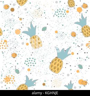 Disegnato a mano modello senza cuciture con ananas, foglie e stelle.Ideale per matrimoni, schede, cartoline, t-shirt, inviti nuziale, brochure, poster, gi Illustrazione Vettoriale