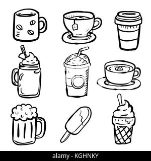 Impostare le bevande doodle, bevanda calda, caffè, tè, birra e coppa di gelato-vector disegnati a mano Illustrazione Vettoriale