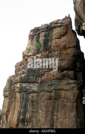 Le scimmie seduto sulla sommità del Titanic rock a badami, Karnataka, India, Asia Foto Stock