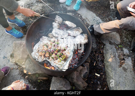 Gli amici la cottura alla griglia di cibi in firepit al forest durante l escursione Foto Stock