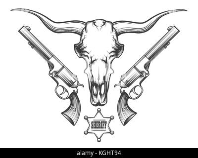 Bison cranio con coppia di revolver e sheriff badge disegnato in stile di incisione. illustrazione vettoriale. Illustrazione Vettoriale