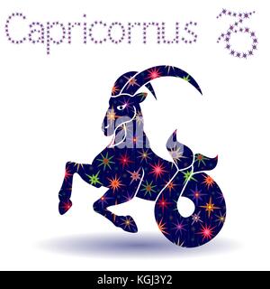 Segno zodiacale Capricornus, disegnato a mano stencil vettore con stelle stilizzate isolati su sfondo bianco Illustrazione Vettoriale