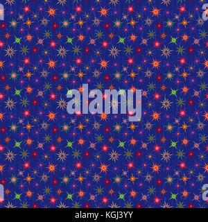 Luminose vettore seamless pattern stellato con stilizzato multicolore stelle su uno sfondo blu Illustrazione Vettoriale