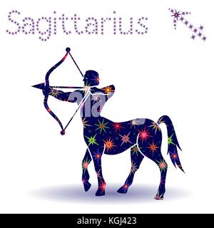 Segno zodiacale Sagittario, disegnato a mano stencil vettore con stelle stilizzate isolati su sfondo bianco Illustrazione Vettoriale