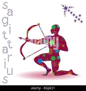 Segno zodiacale Sagittario, claret vettore con silhouette stilizzata stelle multicolore isolati su sfondo bianco Illustrazione Vettoriale