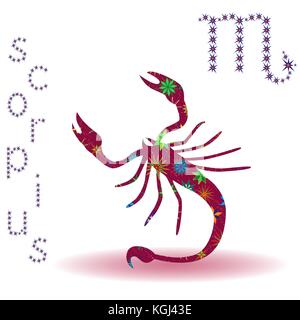 Segno zodiacale Scorpione, claret vettore con silhouette stilizzata stelle multicolore isolati su sfondo bianco Illustrazione Vettoriale