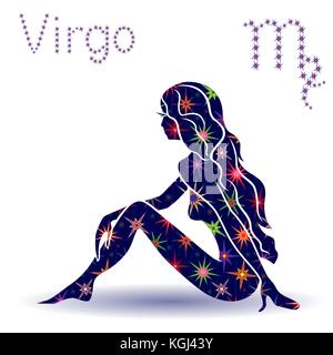 Segno zodiacale Virgo, disegnato a mano stencil vettore con stelle stilizzate isolati su sfondo bianco Illustrazione Vettoriale