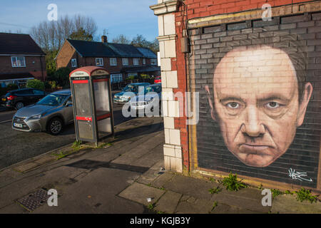 Manchester, Regno Unito. 08 Nov, 2017. Street artwork raffigurante attore attore americano, regista, produttore e sceneggiatore Kevin Spacey nel sobborgo di Burnage, Manchester, Regno Unito martedì 7 novembre 2017 Credit: Matthew Wilkinson/Alamy Live News Foto Stock