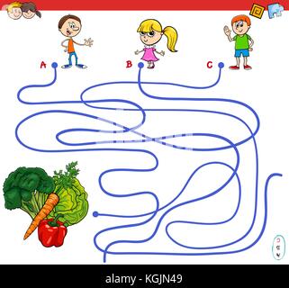 Cartoon illustrazione dei percorsi o labirinto puzzle game di attività con i bambini di personaggi e ortaggi sani Illustrazione Vettoriale