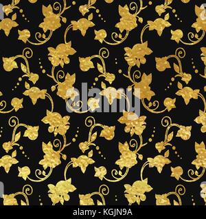Illustrazione vettoriale di lamina dorata sfondo ornamentale con rose su nero in stile vittoriano. non pattern perfetta! Illustrazione Vettoriale