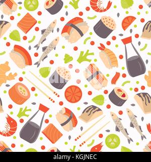 Il giapponese Sushi e sashimi seamless pattern. incluso il nigiri varietà di Sushi e Sashimi con salmone e foglie di shiso, la salsa di soia, wasabi e bastoni. Illustrazione Vettoriale