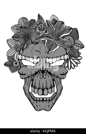 Il cranio con le piante grasse e fiori. illustrazione vettoriale. Illustrazione Vettoriale