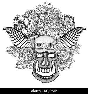 Il cranio con le ali e le piante succulente fiori. illustrazione vettoriale. Illustrazione Vettoriale