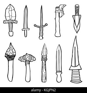 Armi da taglio set. freddo acciaio bracci. collezione di armi militari: spade, asce, coltelli, kunai, shuriken, macis. illustrazione vettoriale, disegnati a mano, blac Illustrazione Vettoriale