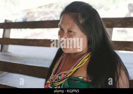 Ritratto di una Katío donna indiana sorridente del villaggio di Embera Drua. 23 aprile 2013 - Embera Drua, Panama Foto Stock