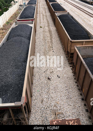 Treno auto caricata con carbone nel cantiere ferroviario Foto Stock
