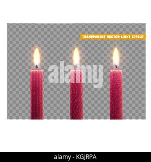 Candele bruciano con fuoco. set di candele di paraffina realistico isolato su sfondo trasparente. Illustrazione Vettoriale