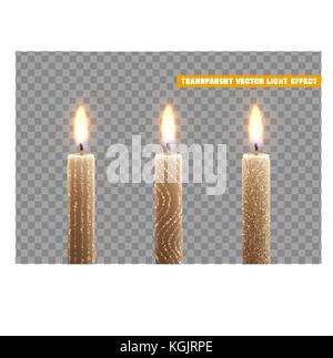 Candele bruciano con fuoco. set di candele di paraffina realistico isolato su sfondo trasparente. Illustrazione Vettoriale