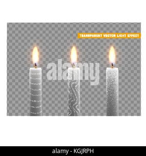 Candele bruciano con fuoco. set di candele di paraffina realistico isolato su sfondo trasparente. Illustrazione Vettoriale