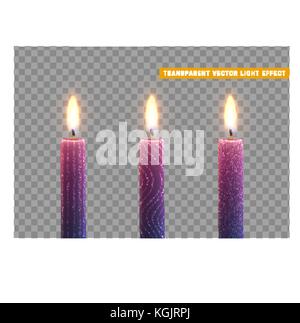 Candele bruciano con fuoco. set di candele di paraffina realistico isolato su sfondo trasparente. Illustrazione Vettoriale