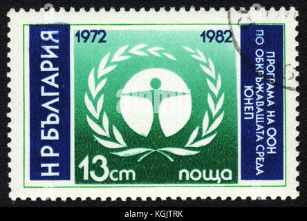 Un francobollo stampato in Bulgaria mostra il programma ambiente delle Nazioni Unite, circa 1982 Foto Stock