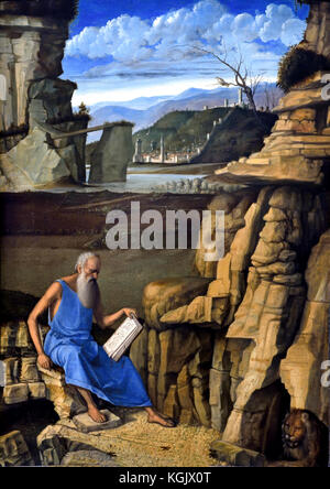 San Girolamo lettura in un paesaggio 1480-5 Giovanni Bellini 1459 - 1516 Venezia Italia Italiano Foto Stock