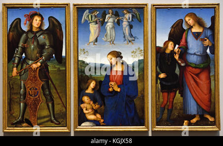 L'Arcangelo Michele - La Vergine con il bambino e un angelo - Arcangelo Raffaele con Tobias 1496-1500 Pietro Perugino 1469 - 1523 nato Pietro Vannucci, era un italiano di pittore rinascimentale di scuola umbra, Italia. Foto Stock