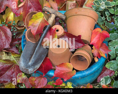 Tera cotta vasi di fiori, cazzuola a mano e foglie caduti del superriduttore Virginia Parthenocissus quinquefolia Foto Stock