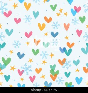 Seamless pattern di natale con le stelle, cuori e fiocchi di neve Illustrazione Vettoriale