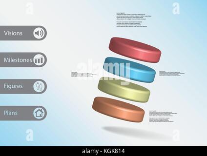 3d illustrazione modello infografico con motivo di quattro cilindri colore askew disposti con un semplice segno e un testo di esempio sul lato a barre. azzurro gr Illustrazione Vettoriale