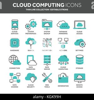 Il cloud omputing. La tecnologia di internet. servizi online. i dati e le informazioni di sicurezza. connessione. sottile linea blu icona web impostato. Delineare raccolta di icone.illustrazione vettoriale. Illustrazione Vettoriale