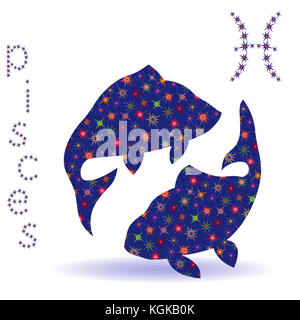 Segno zodiacale pesci, disegnati a mano con stencil stilizzata stelle isolati su sfondo bianco Foto Stock