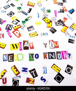 Una parola di scrittura di testo che mostra il concetto di che cosa avete bisogno di sapere domanda fatta di diversi magazine giornali lettera per il business case sull'backg bianco Foto Stock