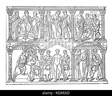 Sarcofago di Giunio basso, scultura di rilievo paleocristiano realizzata nel IV secolo con elaborate incisioni di temi cristiani, ora in Vaticano a San Museo della Basilica di Pietro Foto Stock