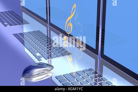 3D render di postazione di lavoro pc e giallo clef. Foto Stock