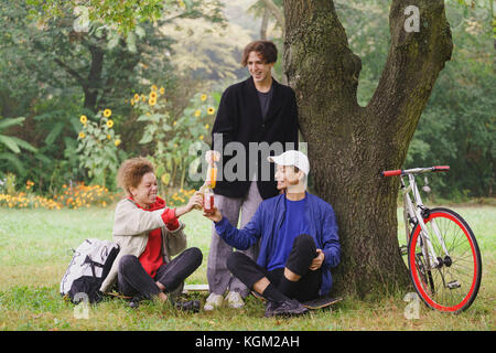 Happy amici tostare un drink mentre vi rilassate al di sotto di albero sul campo erboso a park Foto Stock