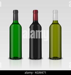 Set di 3 vettore realistica delle bottiglie di vino senza etichette isolati su sfondo bianco. Il design del modello in eps10 Illustrazione Vettoriale