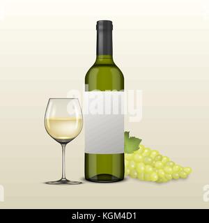 Vettore uve realistico brunch, bicchiere di vino e una bottiglia di vino bianco illustartion. design modello in eps10. Illustrazione Vettoriale