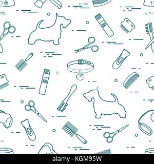 Modello con il cane, pettini, collare, guinzaglio, rasoio, asciugacapelli, ciotola, forbici. health care, toelettatura, prendersi cura di un cane, mostra. Illustrazione Vettoriale