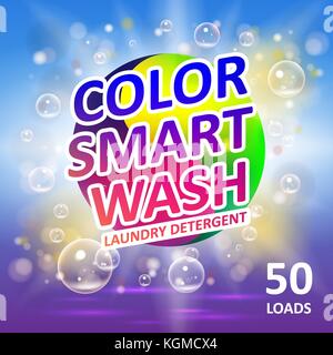 Detergente per bucato annunci pacchetto. soap creative smart design pulito prodotto. wc o bagno vasca colore design detergente. macchina di lavaggio detergente per bucato modello di imballaggio. Illustrazione Vettoriale