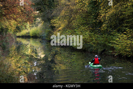 Un uomo canoe lungo il canale di Basingstoke vicino a Dogmersfield in Hampshire. Foto Stock