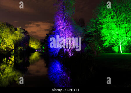 Syon Park, London, Regno Unito. Decimo Nov, 2017. Un sentiero conduce i visitatori attraverso gli illuminati Syon Park con splendidamente illuminate alberi, il lago, Syon House e l' Orangerie con la sua spettacolare laser show Credito: Imageplotter News e sport/Alamy Live News Foto Stock