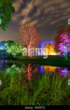 Syon Park, London, Regno Unito. Decimo Nov, 2017. Un sentiero conduce i visitatori attraverso gli illuminati Syon Park con splendidamente illuminate alberi, il lago, Syon House e l' Orangerie con la sua spettacolare laser show Credito: Imageplotter News e sport/Alamy Live News Foto Stock