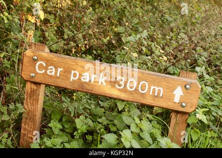 Parcheggio auto 300 m sign in lettere bianche con una freccia sulla bassa posti di legno in erba orlo circondato da ortiche accanto alla siepe Foto Stock