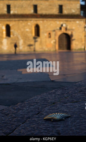 Una scaloppa di ottone guscio lungo il percorso del camino di Santiago de Compostela Foto Stock